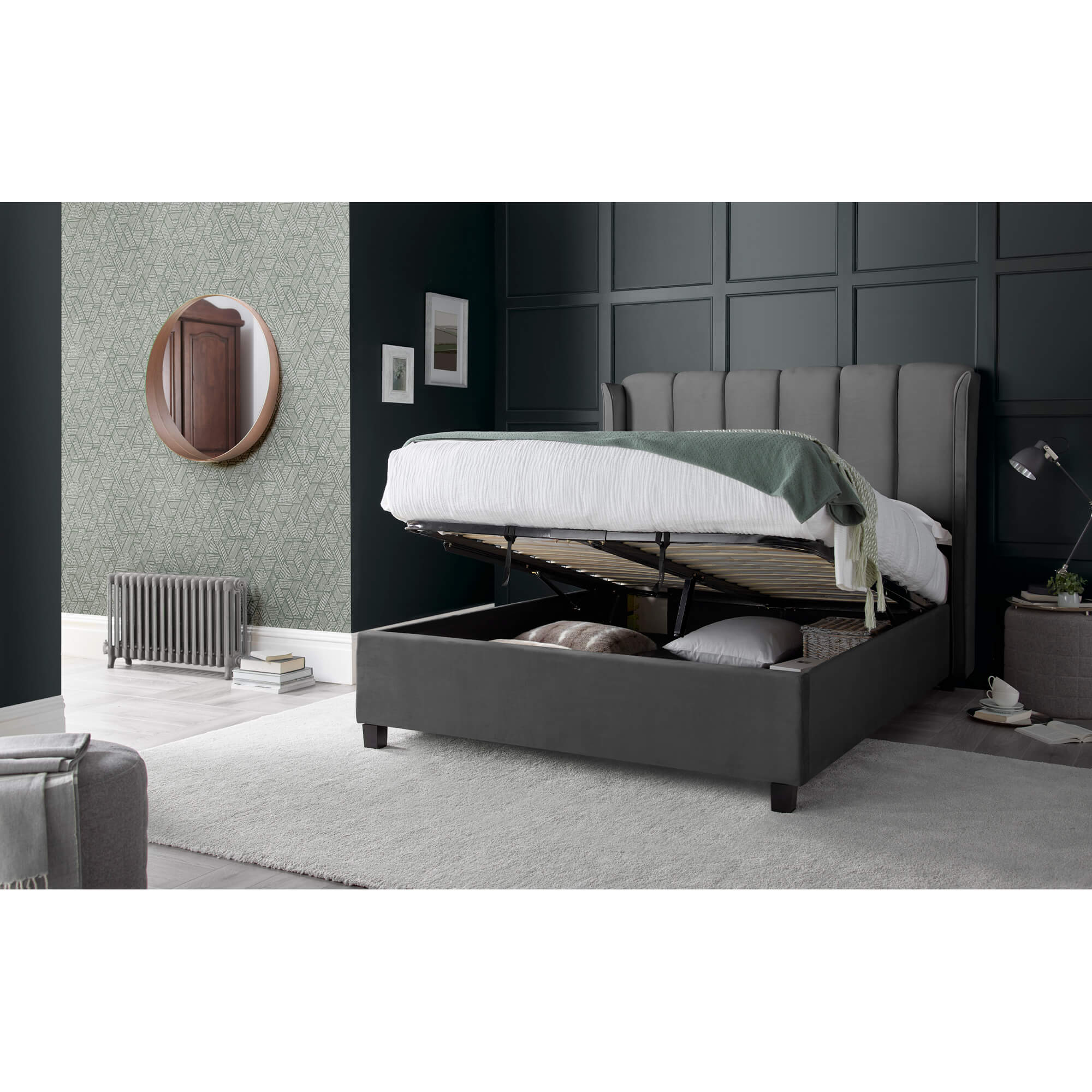 Aurora Grey Velvet Ottoman Bed